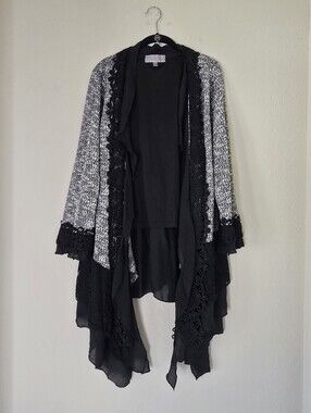 Pretty Angel Black & White Crochet-Trim Draped Cardigan Size XL